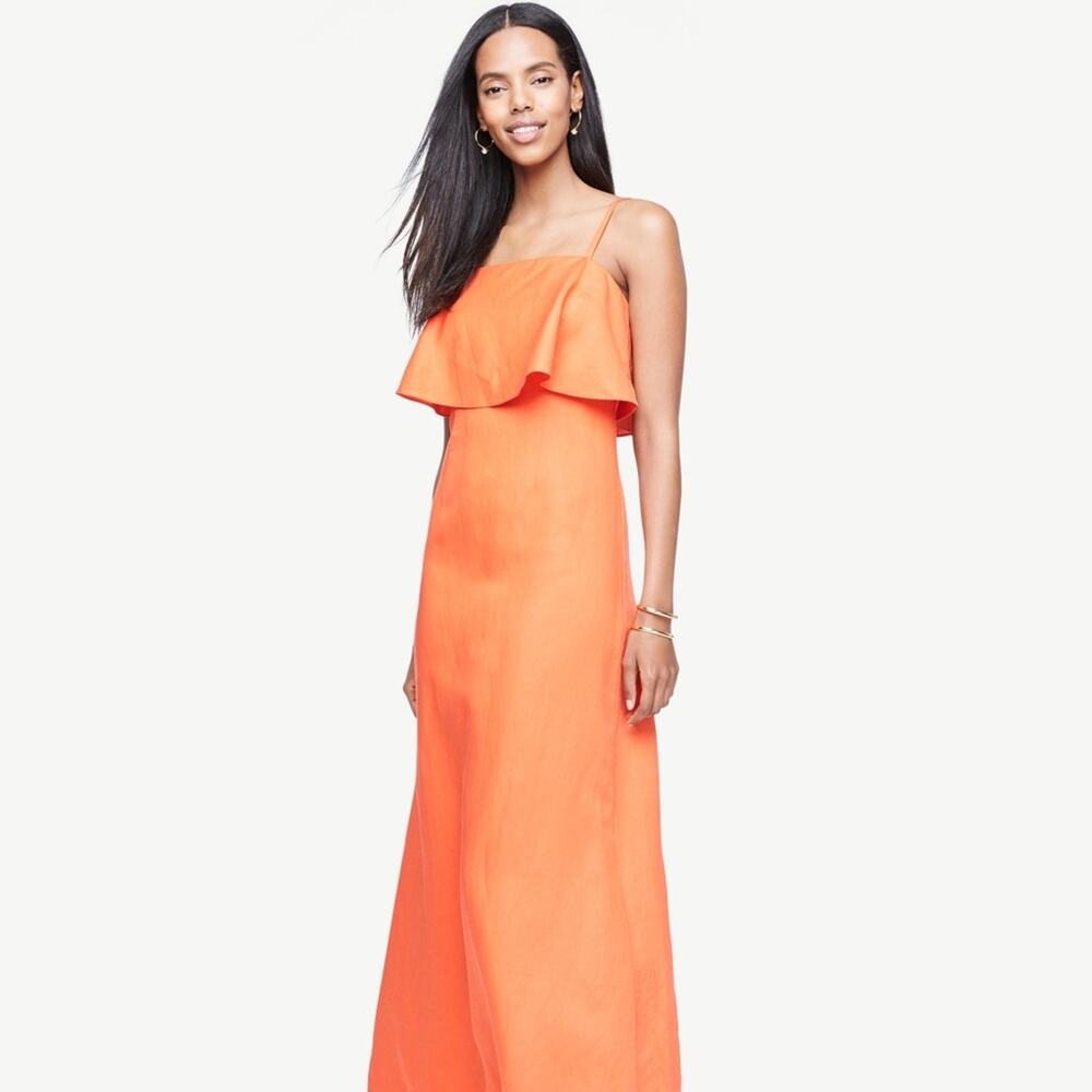 Ann Taylor‎ Women's Linen Blend Maxi Dress Ruffle Tiered Size 0 in Orange